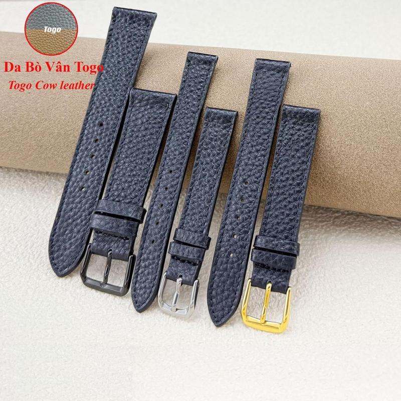(Đen-Phom mỏng) Dây đồng hồ da bò thật dạng vân hạt Vân Togo sang trọng nhiều size 10 12 13 14 15 16...20 22 24mm