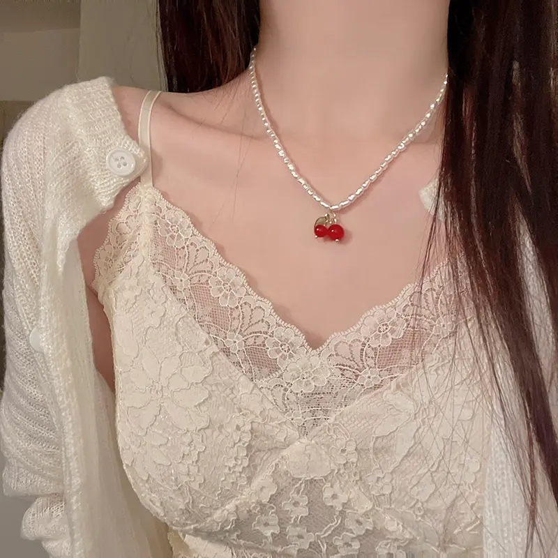 **Summer Fresh Cherry Pearl Necklace for Women - Dainty Cultured Pearl & Blossom Pendant Y2K Layering Chain,Luxury Stainless Steel Adjustable Collarbone Jewelry,TikTok Viral Elegant Gift for Her/Best Friend,Hypoallergenic Birthday/Valentines Day Present