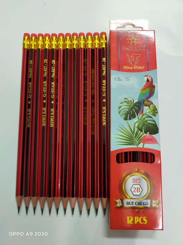 Bút chì đen có gôm 027 -2B (12 cây/hộp) chất lượng tốt, chuốt không gãy, nết đậm thích hợp cho học sinh, sinh viên, văn phòng... aiden874  oreo