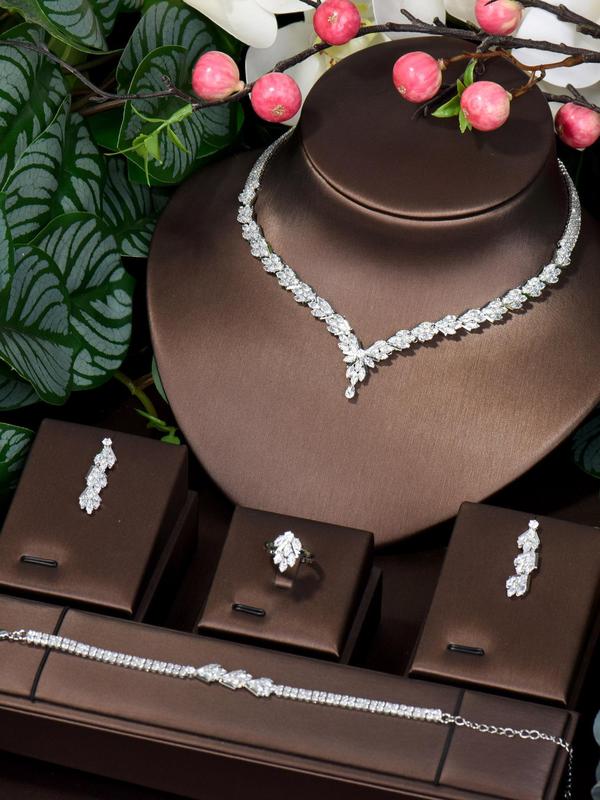 Women's Elegant Rhinestone Decor Jewelry Set, 5pcs/set Exquisite Trendy Chain Necklace & Earrings & Bracelet & Ring, Fashionable Luxury Jewelry Set for Party Decoration 1