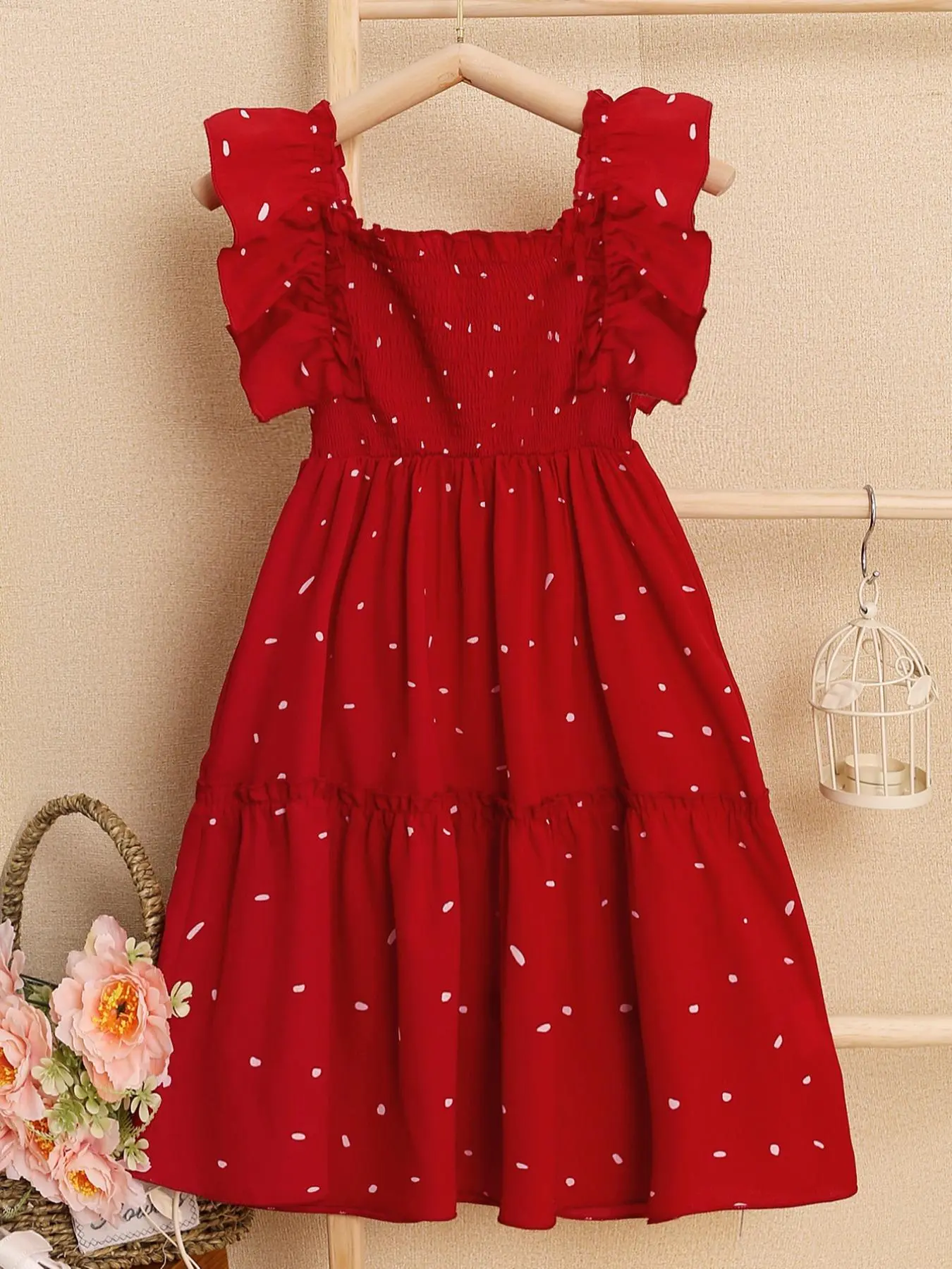 Girl's Dot Print Butterfly Sleeve Summer Clothes, Square Neck Frill Trim A-line Dress, Red Tiered Ruffle Dresses for Summer, Summer Clothes, Dresses Summer, Kids Clothes Outfits