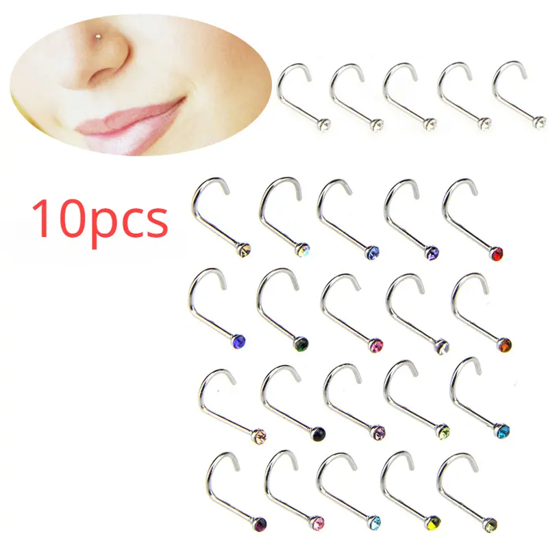 10pcs/lot Stainless Steel Nose Studs Hooks Bar Pin Nose Rings Body Piercing Jewelry for Women