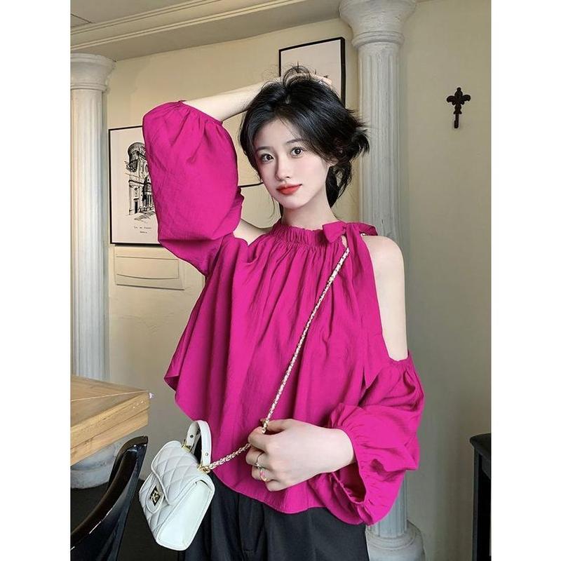 Áo Thun Trễ Vai Có Nơ Cho Nữ, Thiết Kế Mới, Phong Cách Pháp, Thanh Lịch, Dáng Rộng, Giảm Béo, Sang Trọng, Áo Dài Tay 6