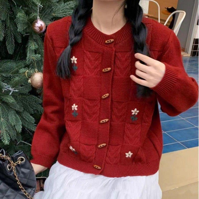 Áo Cardigan Len Giáng Sinh, Màu Đỏ Khí Quyển, Dành Cho Nữ, Thích Hợp Cho Mùa Thu Và Mùa Đông, Thiết Kế Ngọt Ngào Hàng Mới Về 2024, Áo Khoác Len Thêu Women Top