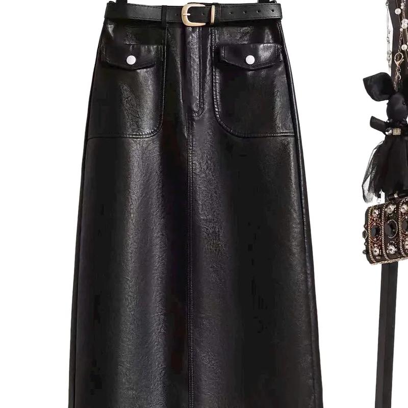 8020 . Chân váy da dáng A dài có túi trước , kèm đai , xẻ sau , chất không giãn , dài 78 cm Nữ Kem