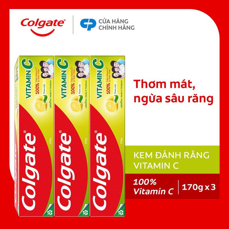 Bộ 3 Kem đánh răng Colgate dòng Vitamin C thơm mát 170g/ tuýp