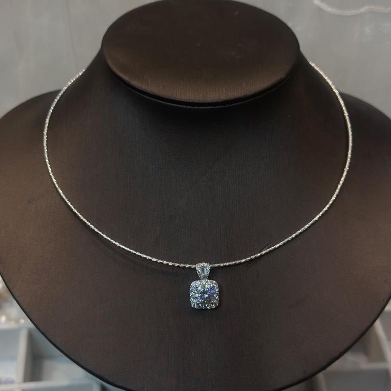 Hoàng Phát Trang Sức Vòng Kiềng Cổ Bạc Ý 925 Cao Cấp 4T 40CM Kiềng Chạm Kim Tuyến Phối Mặt Halo Vuông 7li X.o.à.n Nam Mỹ Xi Kim D25