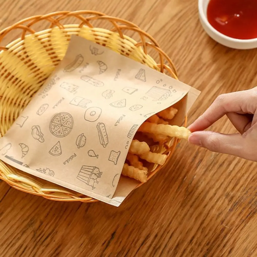 50pcs Household Disposable Greaseproof Paper Sandwich Bags Water-proof Oil-proof Food Packaging Bag Printing Anti-stick French Fries Packaging Bag Hamburger
