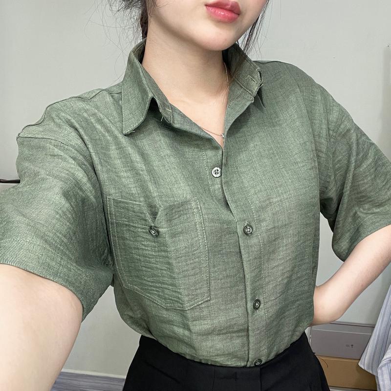 Áo Sơ Mi Nữ Tay Ngắn Dáng Rộng Chất Đũi Jean Túi chữ V, AMI18