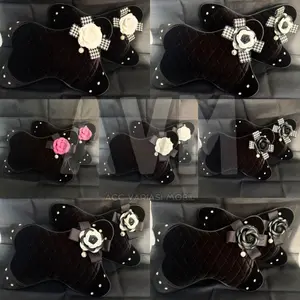 Bantal Headrest Mobil Hitam BLUDRU Motif Bunga Pita (2 pcs) / Sandaran Leher Mobil Jok Kepala - 400gr