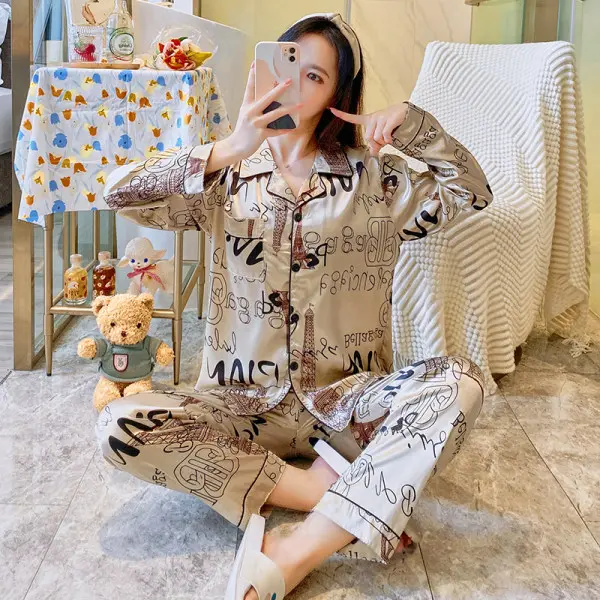 GS1240 banyak Motif piyama kancing satin baju tidur setelan wanita lengan panjang 0
