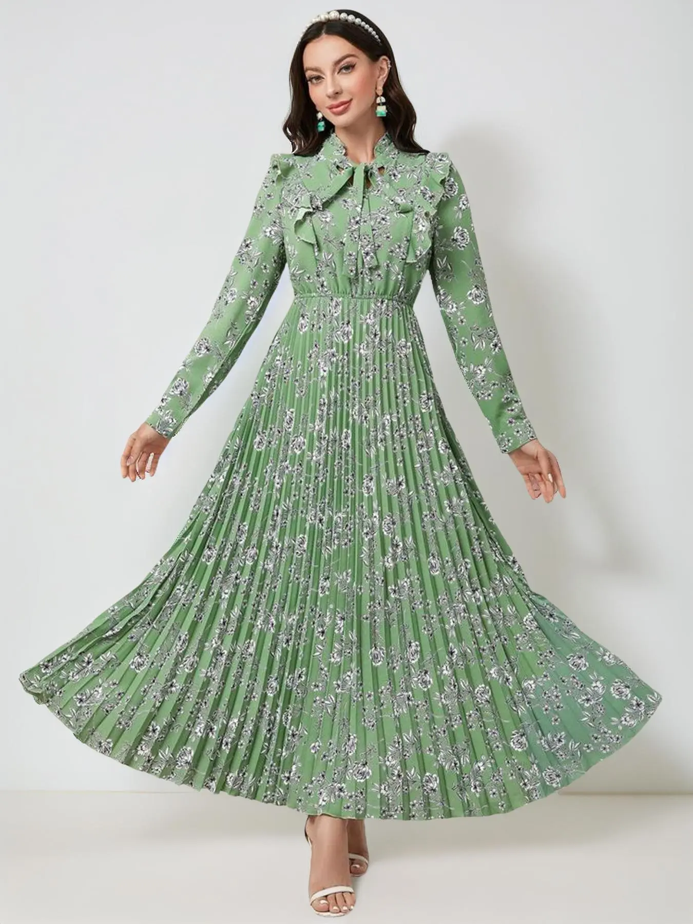 Women's Floral Print Ruffle Trim Tie Neck Long Sleeve Pleated Dress, Dress for Women, Boho Spring & Fall A-line Maxi Dresses for Holiday, Women's Dresses, Summer Outfits 2024