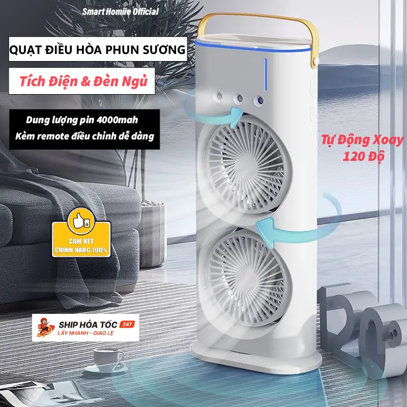 [TẶNG VIÊN TINH DẦU]Quạt Điều Hòa Phun Sương Tích Điện, Quạt Hơi Nước Điều Hòa Có Đèn LED Với 2 Lồng Quạt,3 Đầu Phun Sương,Có Remote Điều Chỉnh Dễ Dàng quạt quat  phunsuong mini