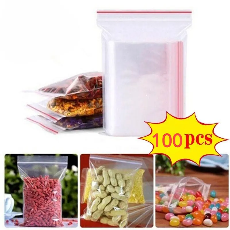 New 100Pcs Plastic Poly Bags Grip Self Seal Resealable Zip Lock Food Bag Organizer Adhesive Seal Bags for Kitchen