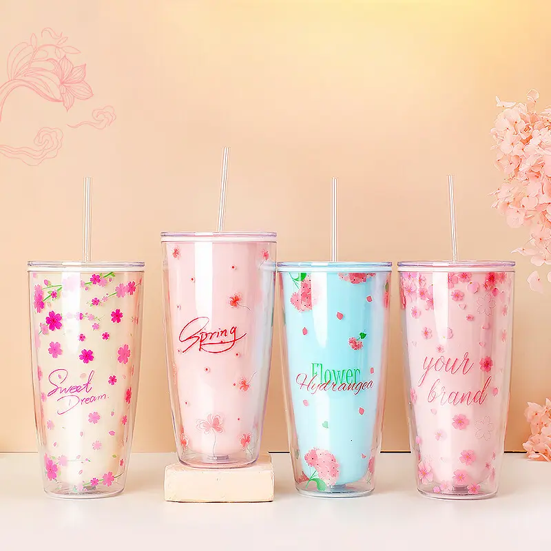Ly Nhựa Có Nắp 750ml 2 Lớp Kèm Ống Hút Họa Tiết In Hoa, Cốc Giữ Nhiệt Chất Liệu Dày Dặn Không Đổ Mồ Hôi An Toàn Cho Bạn