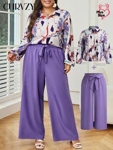 CURVZY Plus Size Two-Piece Set All Over Print Button Front Blouse & Knot Front Wide Leg Pants, Elegant Bishop Sleeve Collared Top & Pocket Trousers for Daily Wear, Women's Two-piece Outfits for Fall
