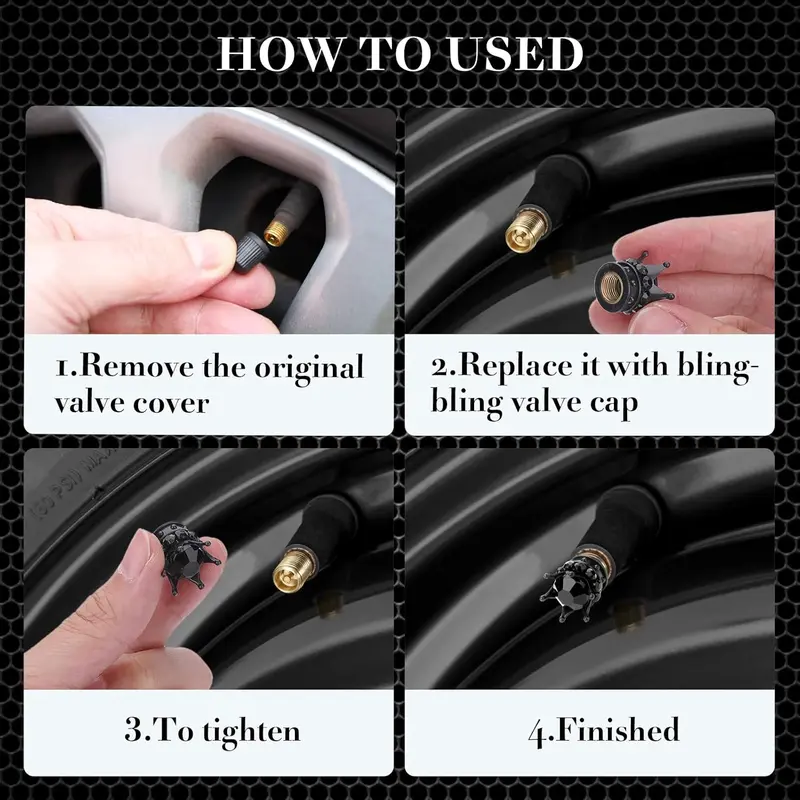 Tire Valve Stem Caps, 4 Pcs Lady Bling Tire Valve Stem Caps, Heavy-Duty Handmade Gril Crystal Rhinestone Crown Vehicle Car Tire Caps Covers for Women Cars Trucks Bikes (Black Rhinestone) 4