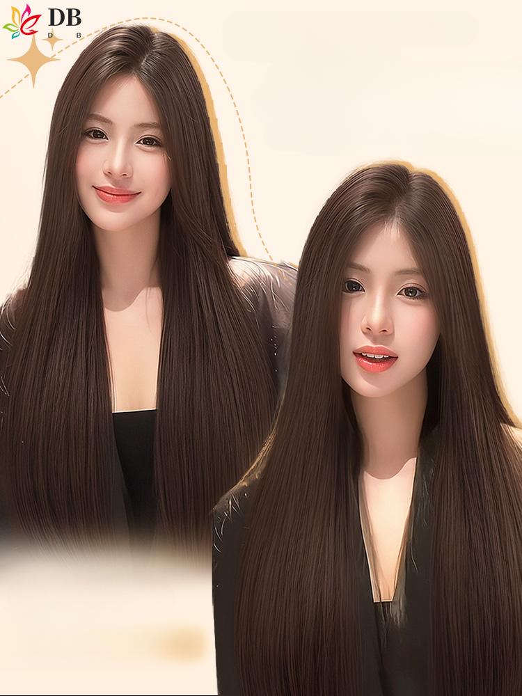 Product Introduction of Wig renda dahi untuk wanita dengan rambut lurus panjang gaya rambut kepala penuh belahan tengah alami set wig kepala penuh lurus panjang hitam 6