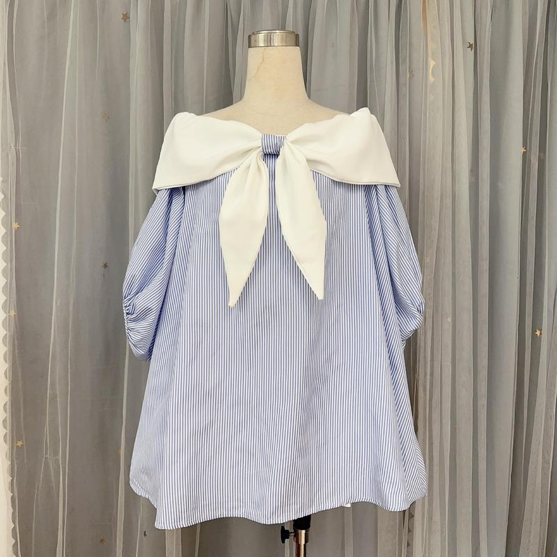 Váy Nơ Bẹt Vai Nơ Thuỷ Thủ Tay Bồng Dáng Babydoll 2 Lớp