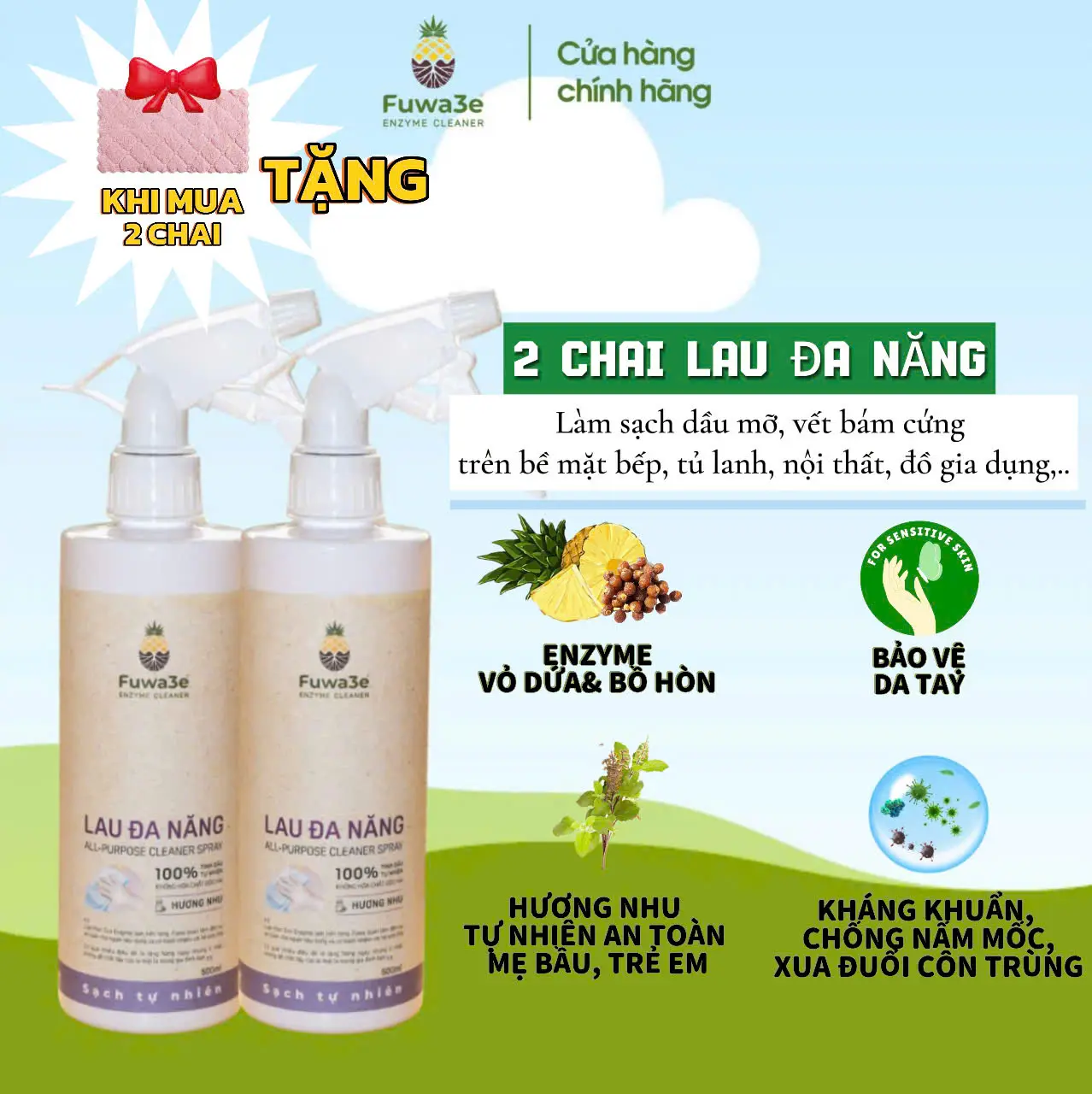 Nước xịt tẩy rửa đa năng cao cấp fuwa3e làm sạch bề mặt kính,Tủ lạnh,Bếp,..+Tinh dầu hương nhu chống nấm, kháng khuẩn