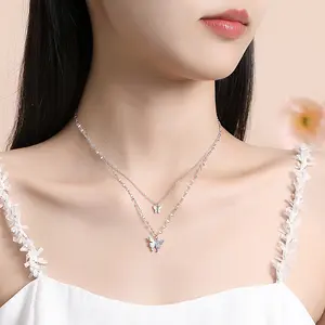 Eva - Necklace Kalung Alloy Wanita Silver double-layer Aesthetic Simple Butterfly Kupu Kupu Perhiasan Aksesoris Fashion Korean Style [C5-4]