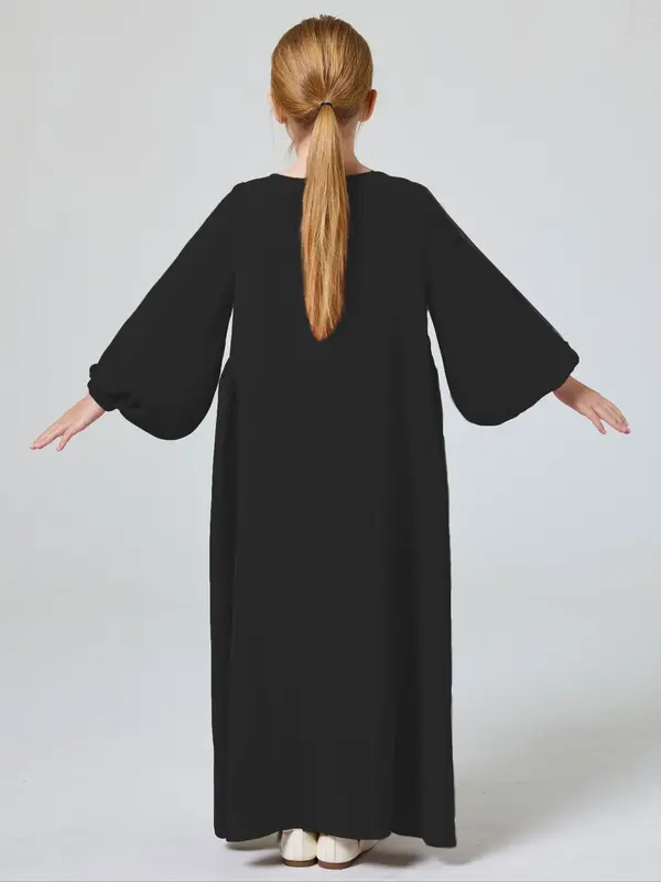 Muslim Girl's Solid Ruched Bishop Sleeve Smock Dress without Hijab, Modern Abaya Dress, Modest Outfits, Cute Clothes, Cute Casual Round Neck Long Sleeve Dress for Daily Wear, Kid's Summer Clothes 5