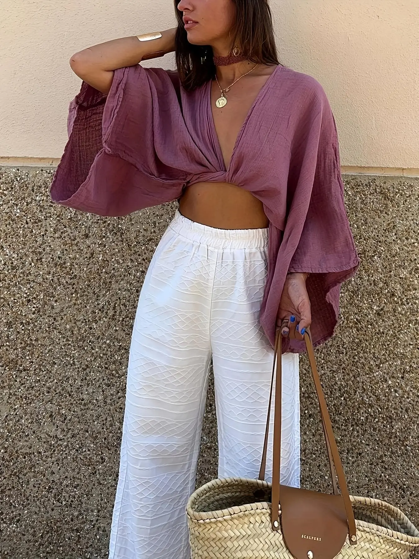 Women's Plain Crop Blouse, Elegant Casual V Neck Top for Summer, Ladies Clothes for Daily Wear