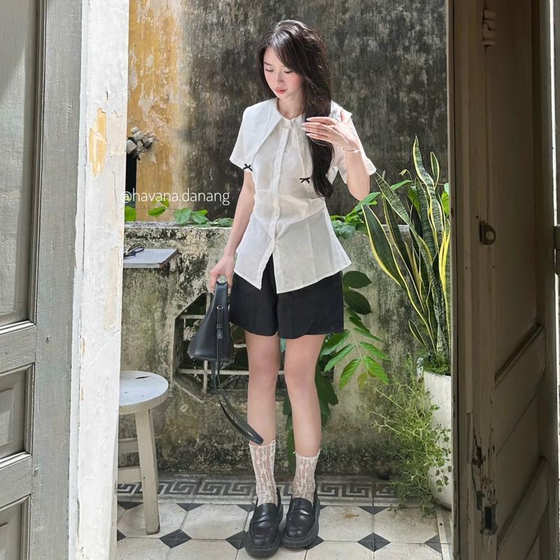 Set áo sơ mi nữ cổ nhọn đính nơ phối dây buộc eo kèm quốc short HAVANA SAT246