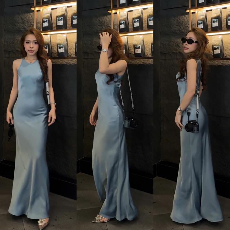 Đầm lụa Yếm dáng dài ko dây kéo lụa cao cấp Tô Châu Size SML giãn nhẹ LUA-7099