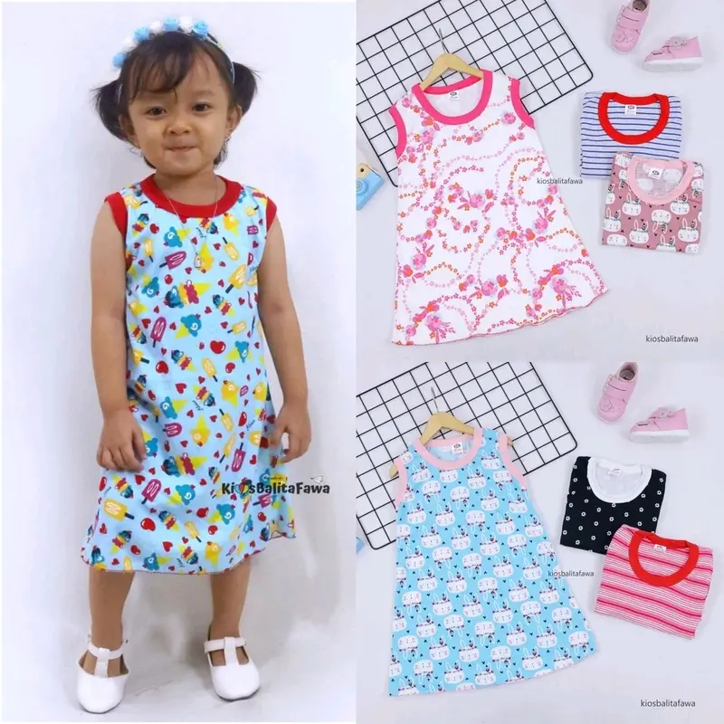 2 pcs Daster Anak Bayi Perempuan Baju Tidur Balita Cewek Kaos Kutung Usia 6 Bulan Sampai 3 Tahun Motif Kekinian Lucu Karakter Warna Warni Lengan Pendek Model Singlet Bahan Kaos Tebal Kain Melar Jahitan Full Obras Leher Kerah U Neck Panjang Dress Selutut 0