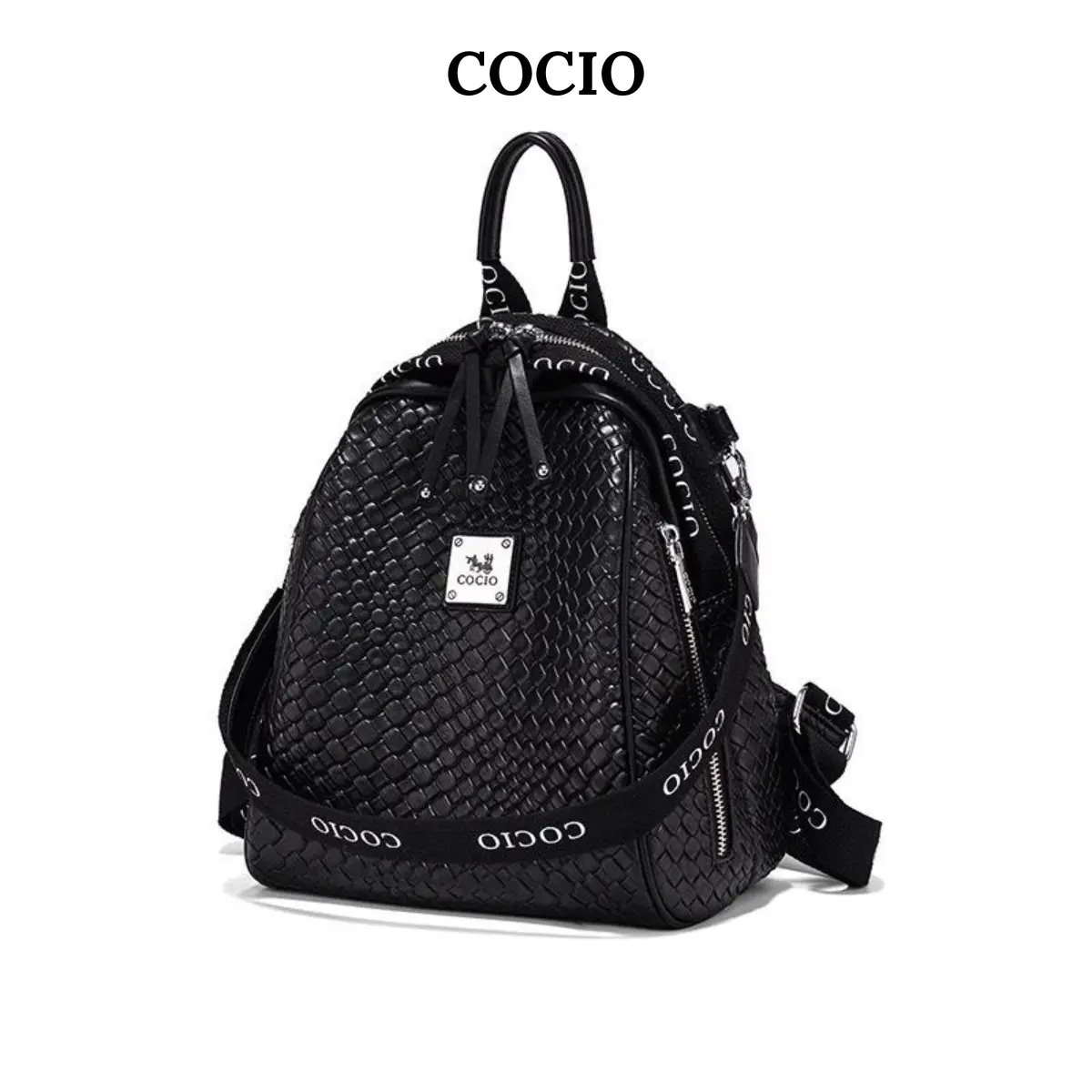 COCIO CC032 - Balo da nữ 2024 COCIO Họa tiết da đan lát Nhiều ngăn Khóa kéo bảo mật Phong cách sang trọng. Backpack Nữ Da Chống Nước Chống Bám Bụi Đeo Vai Nhung