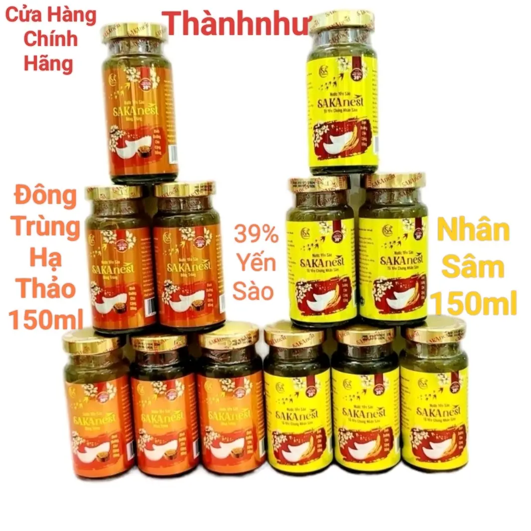 combo 10 lọ yến chưng 2 vị Đông Trùng Hạ Thảo + Nhân Sâm sakanest 150ml - 39% yến tươi dành cho người lớn ( không có cái hộp )