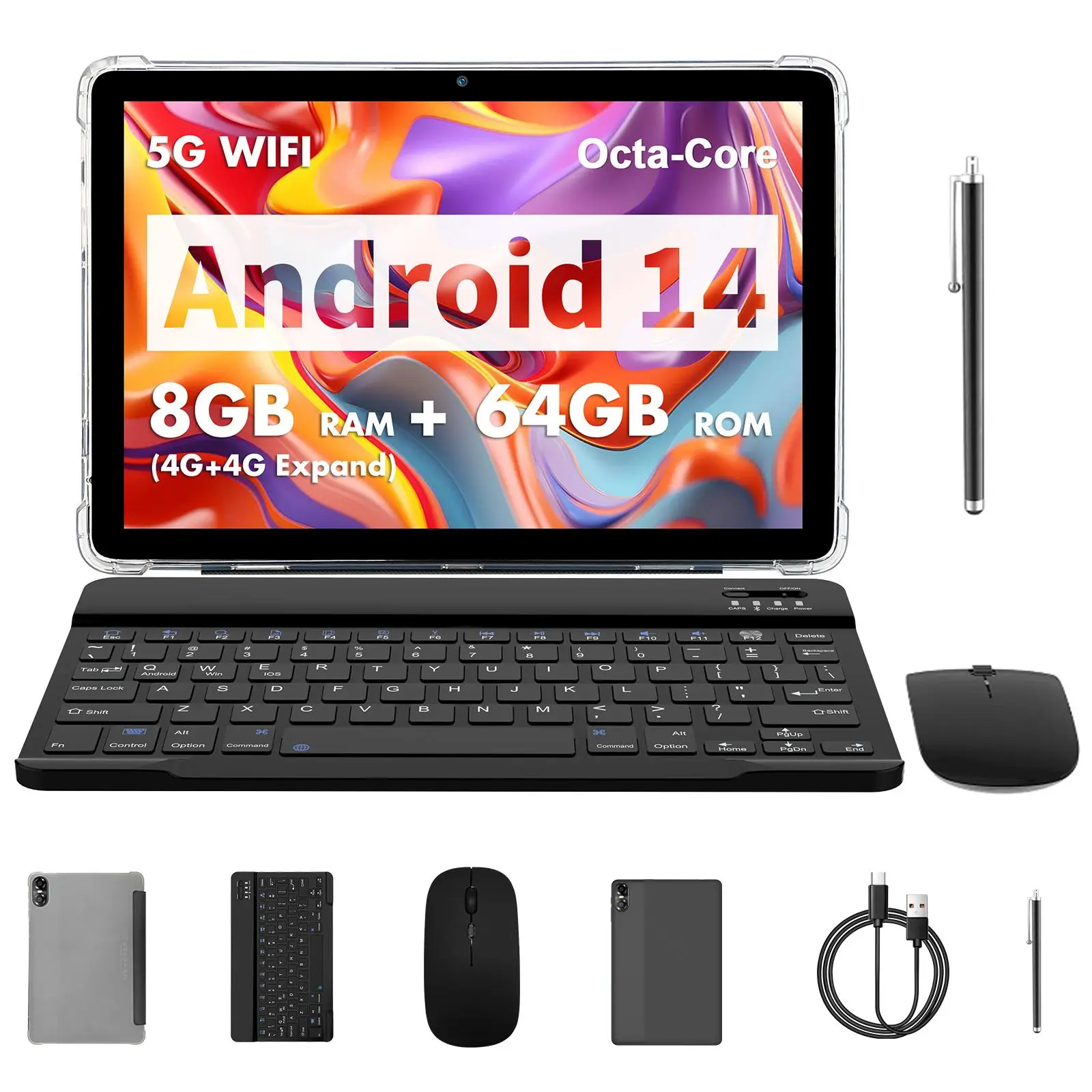 VASOUN 10.1 inch Tablet with Keyboard Mouse Set, 1 Count RAM 8GB ROM 64GB Android 14 Tablet with Keyboard Mouse, Cellular Duel Tablet, Portable Tablet for Home Office, USB
