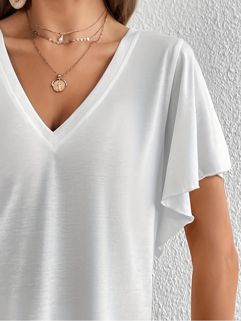 Product Introduction of Women's Plain V Neck Tee without Bottom, Casual Short Sleeve T-shirt for Summer, Ladies Clothes for Daily Wear 7