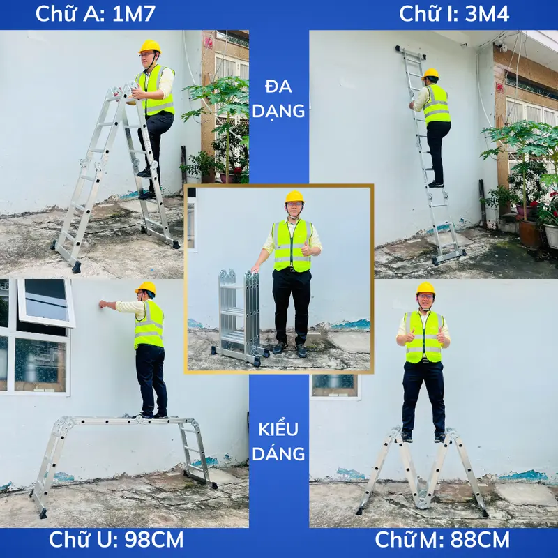 Thang nhôm gấp 4 đoạn SUMIKA SKM203, chữ A cao 1.7m, chữ I cao 3.4m, 14 tư thế sử dụng 2