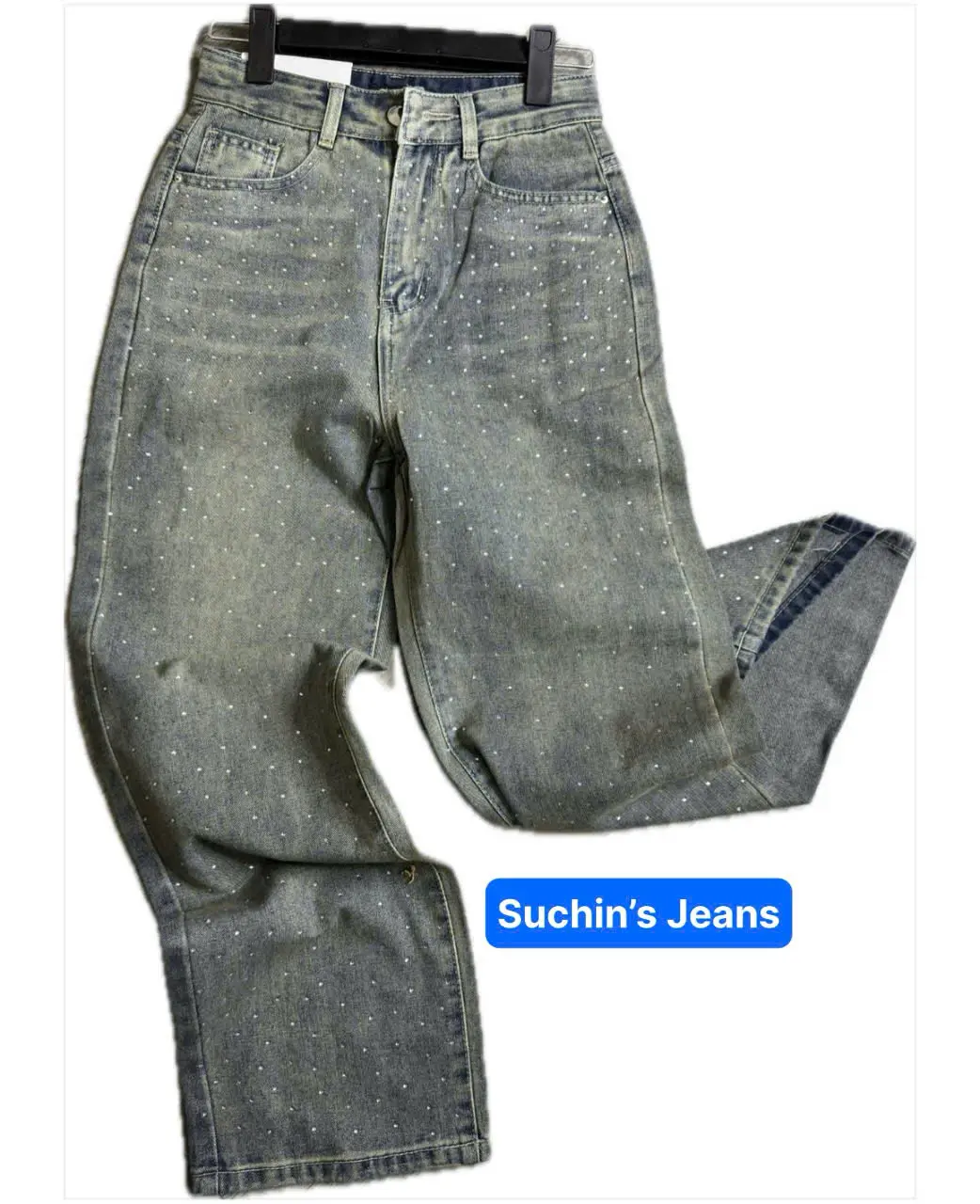 Quần Jeans Suông Đính Đá Toàn Thân Màu Bụi Hottrend Siêu Đẹp ( dài 90cm và 100cm) M6 - vải QCCC Hottrend Suchin's Jeans