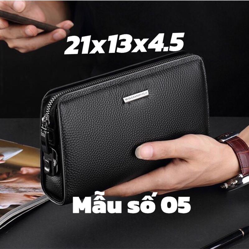 Mẫu số 05 - ( Da bò thật) Ví Clutch  Cầm Tay Khóa số bảo mật Cao Cấp William POLO túi xách kẹp nách nam Nhung Kem