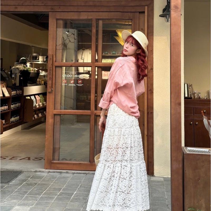   NEW SẴN  Chân váy midi ren hoa nổi ullzang 3 tầng xuyên thấu cạp chun lót ngang đùi dài 90cm- Rusie Dress-3 màu đen,kem,trắng 
