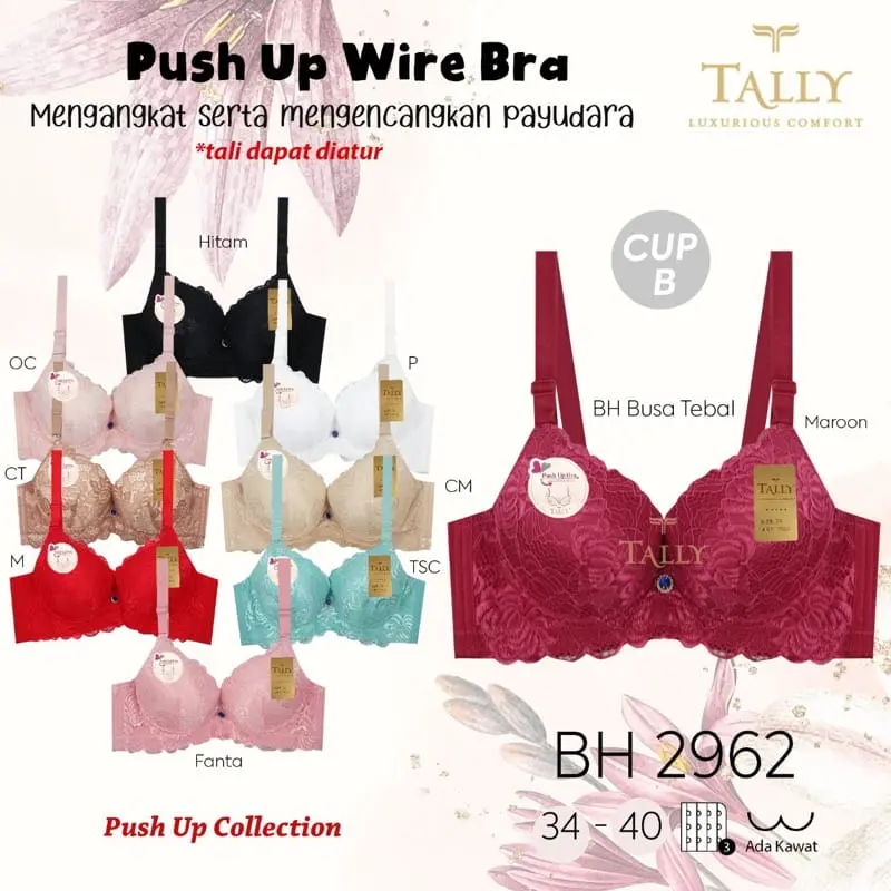 PUSH UP BRA ANTI KENDUR Bh Tally 2962 Original Push Up Bra Tally Busa Tebal Doble Spon Pakai Kawat Renda Halus 0