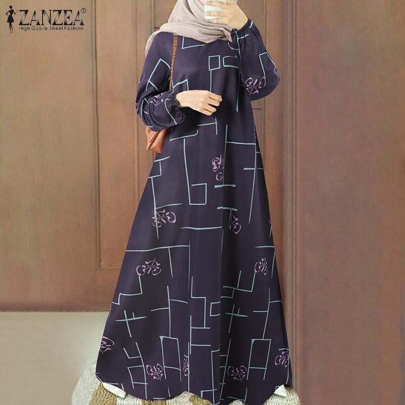 ZANZEA Women's Muslim Long Skirt, Muslim Long Sleeve, Elastic Cuffs, Round Neck, Printed, Loose, Promotional Price 0