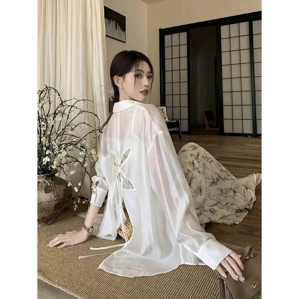Áo Sơ Mi Buộc Dây Khoét Lỗ Thiết Kế Lưng, Dành Cho Nữ, Áo Sơ Mi Chống Nắng Mỏng Mùa Hè, Áo Khoác Dài Trung Bình Áo Dáng Rộng