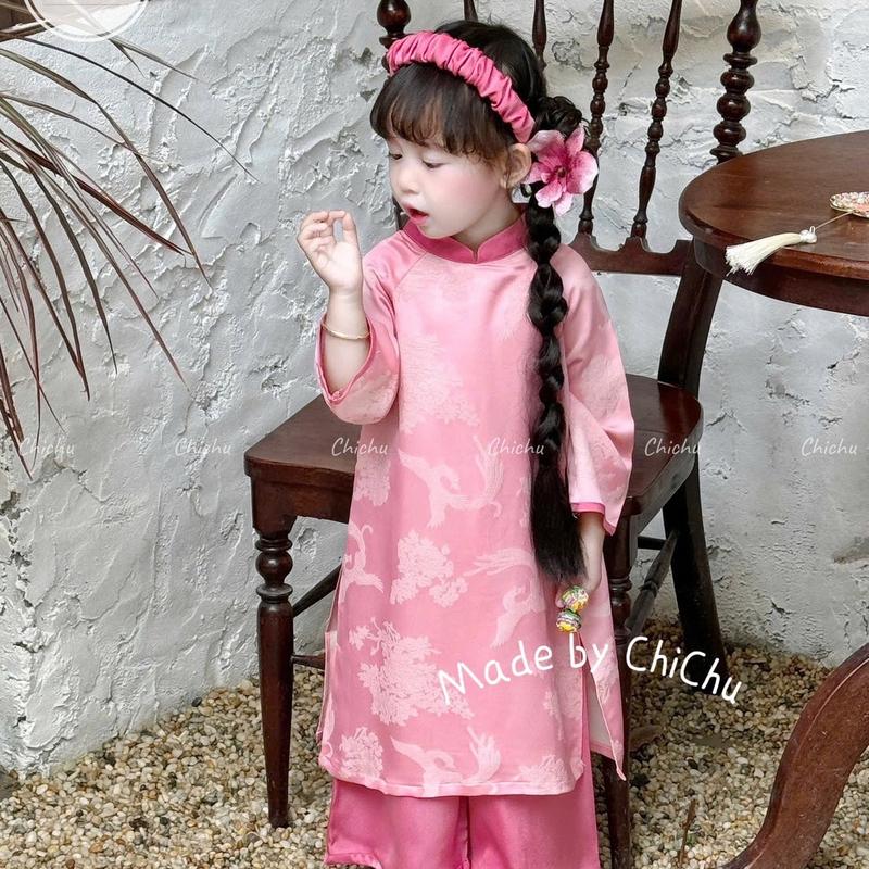 Áo Dài Bé Gái CHICHU Gấm Hồng Phượng Hoàng Cổ Tầu Cách Tân TẶNG CÀI TÓC Theo Set áo dài  bé gái 4