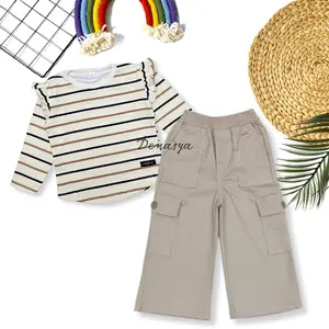 Setelan Kulot Cargo Katun Anak Perempuan / Celana Kulot dan Kaos Stripe Anak / Atasan Baju Kaos Ruffle Kekinian Usia 2-12 Tahun