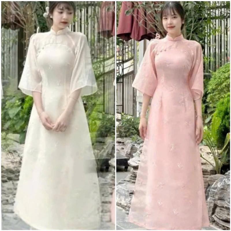 Set áo dài tết thiết kế CRAZYTEEN S5497 dành cho nữ gồm áo dài tay lửng có dáng eo và quần suông để đi chơi ( Áo dài/ Quần suông )