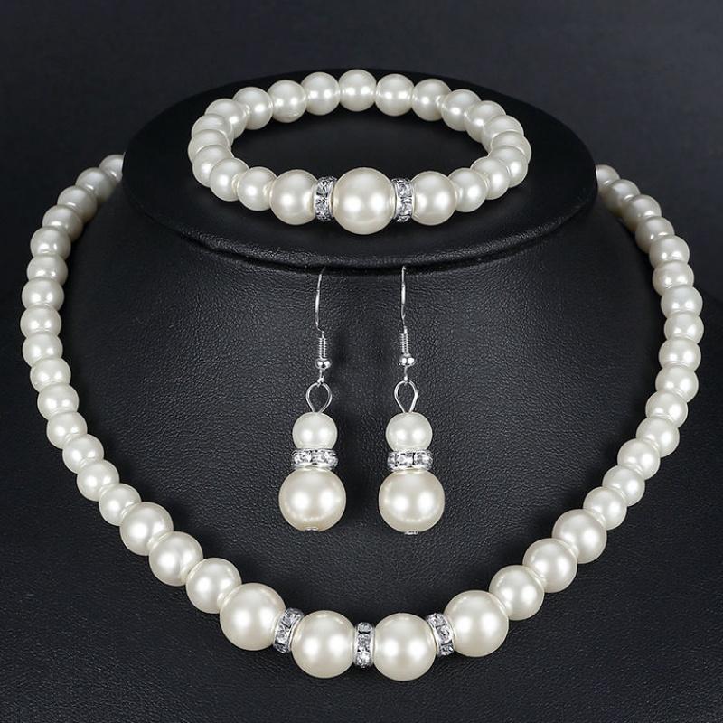 Bộ trang sức nữ vòng cổ vòng tay bông tai chuỗi ngọc trai nhân tạo màu trắng phong cách hàn quốc cá tính