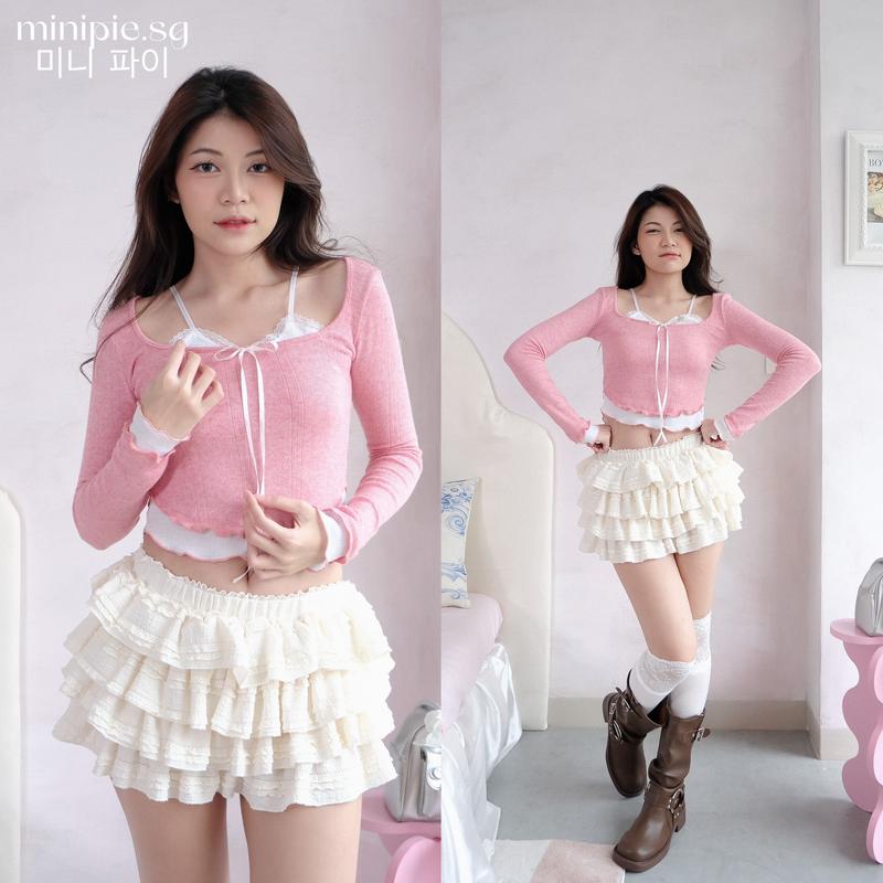 CHERRY BLOSSOM TOP - Áo Tay Dài Trễ Vai Phối Layer Bèo Tầng Đính Nơ Minipie