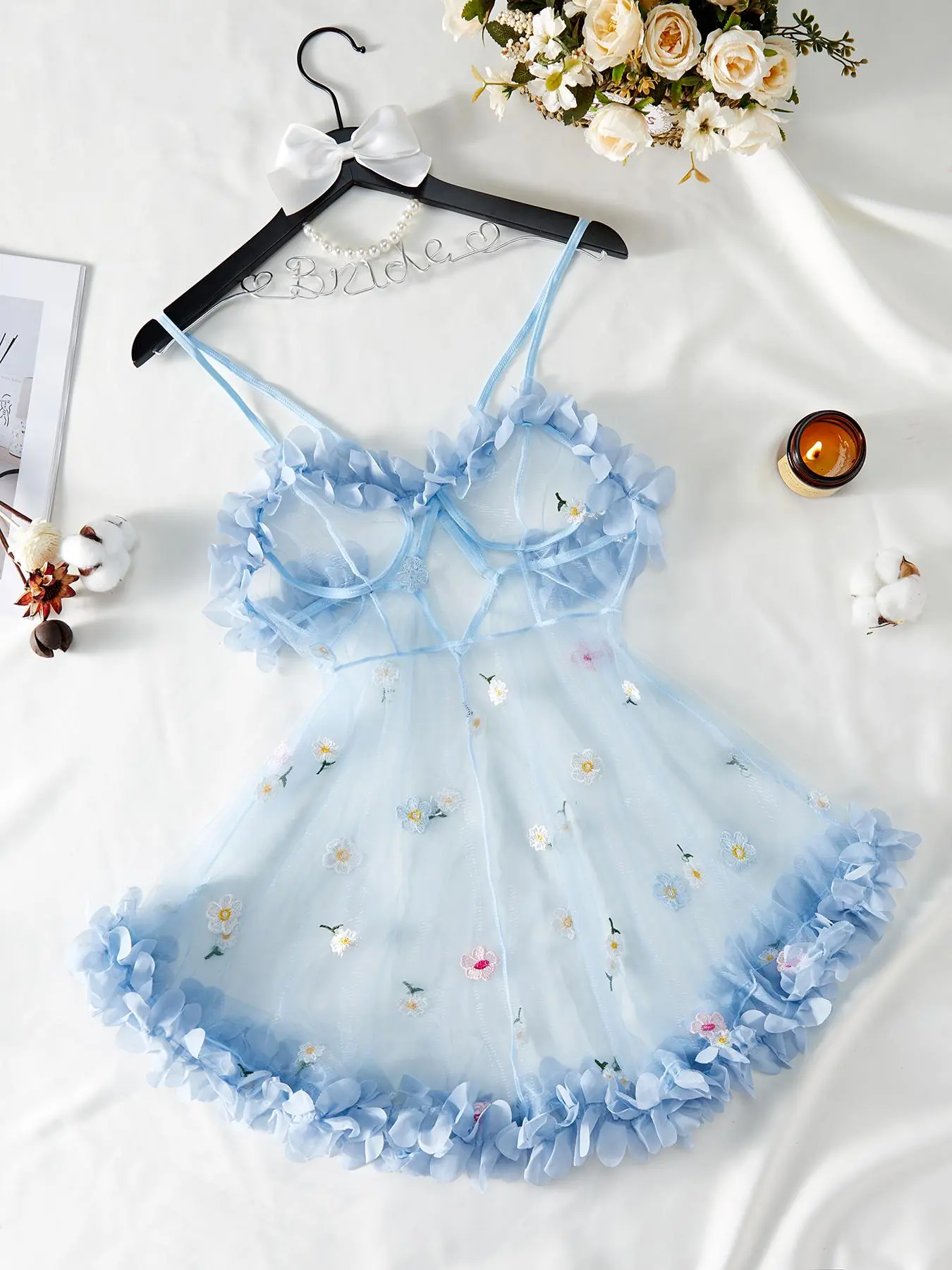 Women's Floral Embroidery Ruffle Trim Sheer Cami Nightdress, Sexy Fashion Backless Spaghetti Strap Nightgown, Ladies Sleepwear for All Seasons