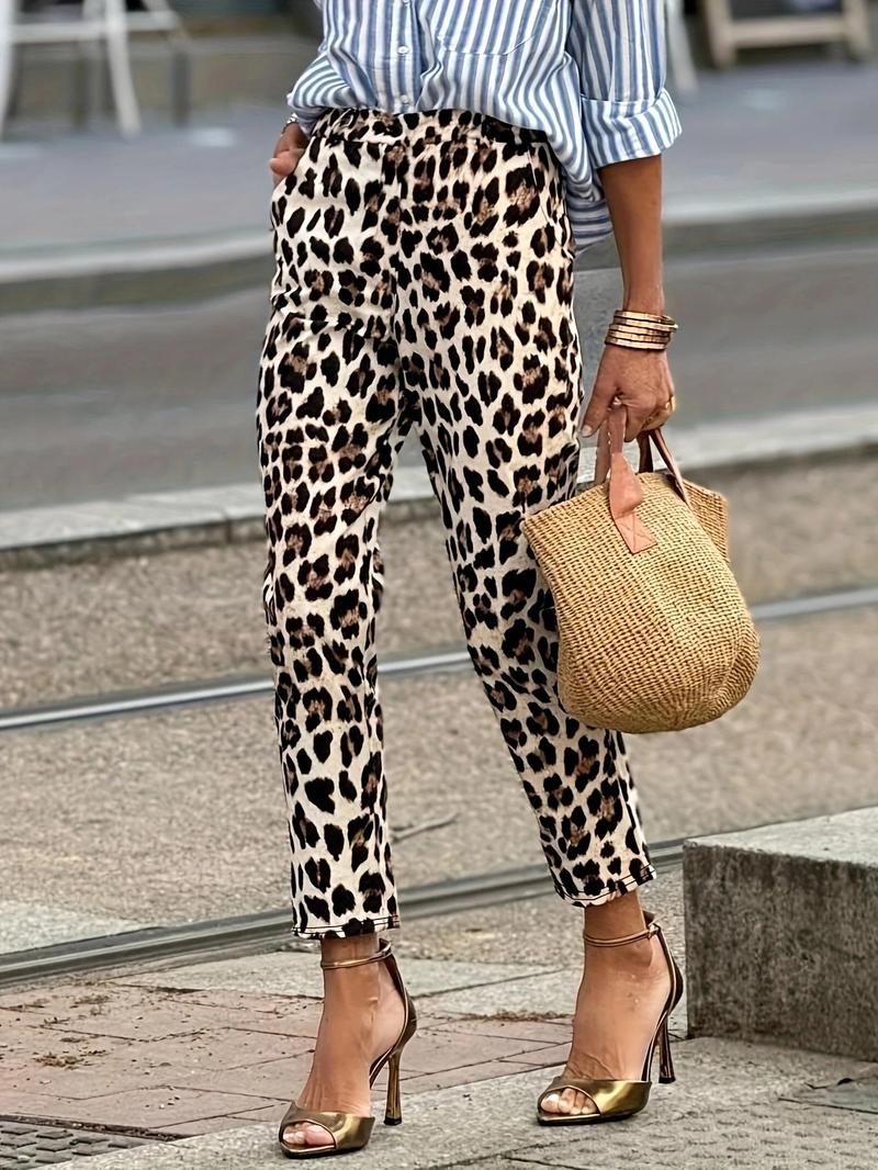 Product Introduction of Women's Leopard Print Pocket Elastic Waist Skinny Pants, Elegant Fashion Casual High Waist Trousers for Daily Outdoor Wear, Women's Bottoms for Spring & Fall 1