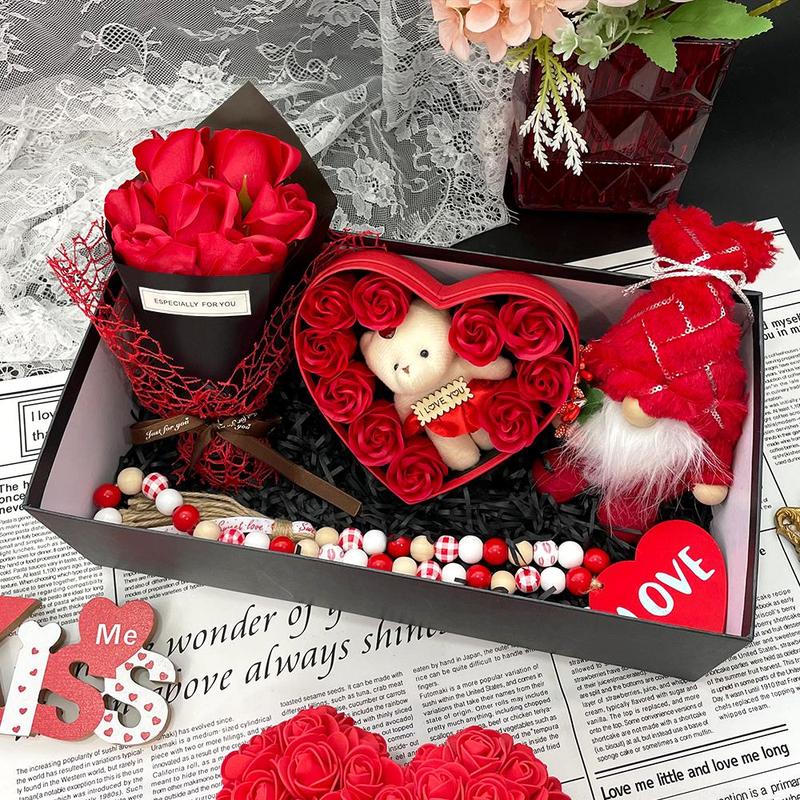 Product Introduction of Valentine's Day Gift Box, 1 Set Including Wooden Bead Necklace, Gnome Doll, Rose Bouquet & Bear Gift Box, Gifts for Women, Mother's Day Gift 4