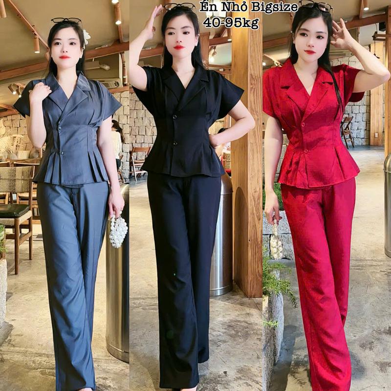 Thời Trang Bigsize - Set Bộ Dài Tay Ngắn Bigsize Cổ Vest 2 Nút Quần Ống Suông Lụa Chéo Thái Thiết Kế Dự Tiệc Nữ Cao Cấp Xinh Đẹp Sang Trọng  50-95kg Top Cotton Màu Nâu Sen Màu Đen Set Đồ Nữ đẹp Set Áo Croptop Bộ Suit Nữ Sang Chảnh Bigsize Women set  vest
